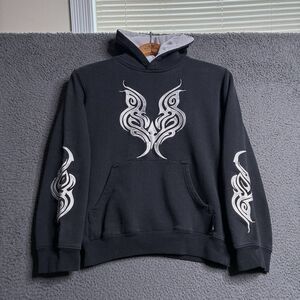 Vintage Y2K Tribal Flame Hoodie Youth Small Black Grunge Silver Point